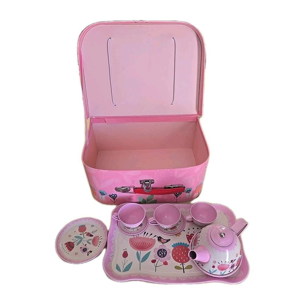 D-FantiX Pink Kids Tin Tea Time Party Set with Metal Teapots and‎ Carry Case